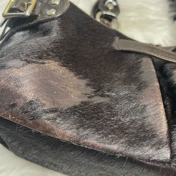 Plinio Visona  leather Brown Calf Hair Patent trims Shoulder Bag Gold Hardware - Picture 16 of 16